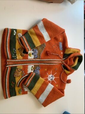 Kids midweight zip up knit sweater with embellishment and animals
